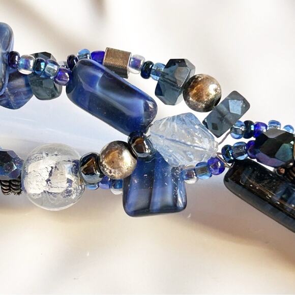 Blue Chunky Glass Multi Strand Bracelet Sterling Silver 925 Heart Clasp - Picture 7 of 9
